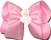 Medium Metallic Ballet Slippers and Hearts on Pink over Pink with Ballerina Miniature Double Layer Overlay Bow
